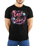 Cosmic Space Adventure Lost In My Own Orbit Graphic Tshirt - model wearing black tee with hands behind back