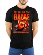 Thrilling Life Is A Game Flaming Dice Graphic Tshirt - model wearing black tee with hands behind back