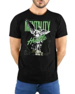 Motivated Angel Statue Mentality Hustle Graphic Tshirt - model wearing black tee with hands behind back