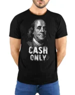 Serious Benjamin Franklin Cash Only Historical Graphic Tee - model wearing black tee with hands behind back