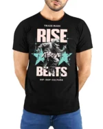 Energetic Breakdancer Rise Above Beats Hip Hop Tshirt - model wearing black tee with hands behind back