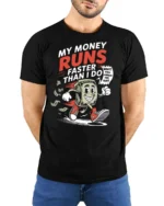 Funny Money Runs Faster Than I Do Cartoon Tshirt - model wearing black tee with hands behind back
