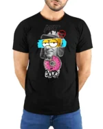 Intriguing Mixed Media Art Pink Sprinkle Donut Tshirt - model wearing black tee with hands behind back