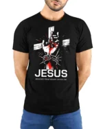 Devoted Cross And Thorns Wrapped Hand Religious Tshirt - model wearing black tee with hands behind back