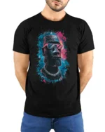 Awesome Moai Easter Island Statue Sunglasses Graphic Tee - model wearing black tee with hands behind back