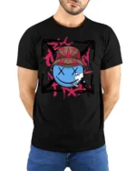 Groovy Stoners Smiley Face Bucket Hat Styli Graphic Tee - model wearing black tee with hands behind back