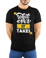Resolute Whatever It Takes Motivational Slogan Tshirt - model wearing black tee with hands behind back