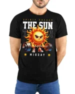 Spirited Midday Sun Weightlifting Spirit Energy Tshirt - model wearing black tee with hands behind back
