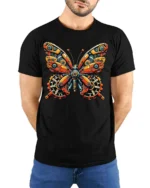 Clockwork Mechanical Butterfly Steampunk Graphic Tshirt - model wearing black tee with hands behind back