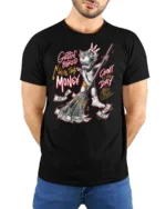 Wealthy Cherub Sweeping Cash Graffiti Style Tshirt - model wearing black tee with hands behind back