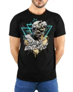 Splendid Greek Statue Saint Vandals Streetwear Graphic Tee - model wearing black tee with hands behind back