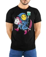 Chilling Reaper Riding Dead Unicorn Funny Weed Graphic Tee - model wearing black tee with hands behind back
