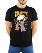 Psychedelic Skull Melting Rainbow Mushroom Graphic Tshirt - model wearing black tee with hands behind back
