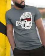 Artistic Sliced Statue Head Red Rose Graphic Tshirt - model wearing grey tee, leaning on column