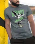Motivated Angel Statue Mentality Hustle Graphic Tshirt - model wearing grey tee, leaning on column
