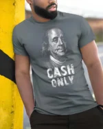Serious Benjamin Franklin Cash Only Historical Graphic Tee - model wearing grey tee, leaning on column