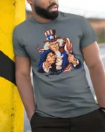 Proud Uncle Sam I Want You America Graphic Tshirt - model wearing grey tee, leaning on column