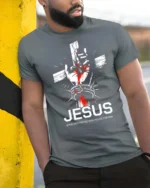 Devoted Cross And Thorns Wrapped Hand Religious Tshirt - model wearing grey tee, leaning on column