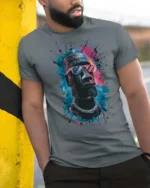 Awesome Moai Easter Island Statue Sunglasses Graphic Tee - model wearing grey tee, leaning on column