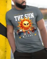 Spirited Midday Sun Weightlifting Spirit Energy Tshirt - model wearing grey tee, leaning on column