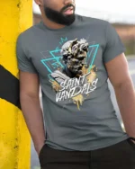 Splendid Greek Statue Saint Vandals Streetwear Graphic Tee - model wearing grey tee, leaning on column