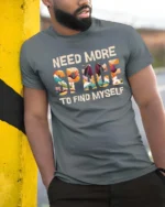 Refreshing Need More Space To Find Myself Graphic Tshirt - model wearing grey tee, leaning on column