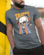 Psychedelic Skull Melting Rainbow Mushroom Graphic Tshirt - model wearing grey tee, leaning on column