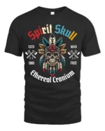 Festive Spirit Skull Native Feather Headdress Tshirt - black t-shirt on white background