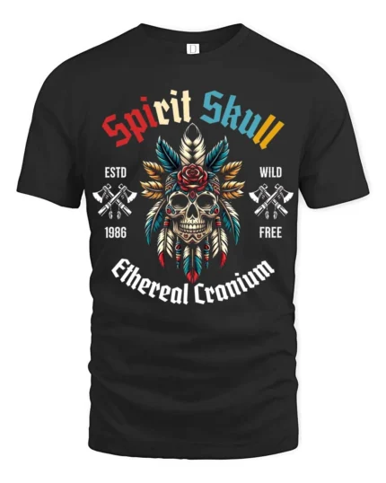 Festive Spirit Skull Native Feather Headdress Tshirt - black t-shirt on white background