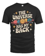 Charming Retro Planet The Universe Has My Back Graphic Tee - black t-shirt on white background