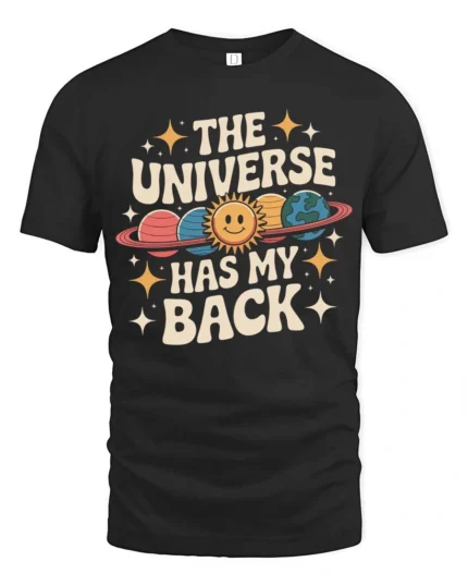 Charming Retro Planet The Universe Has My Back Graphic Tee - black t-shirt on white background