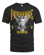 Devine Paradise Heaven Angelic Winged Sculpture Graphic Tee - black t-shirt on white background