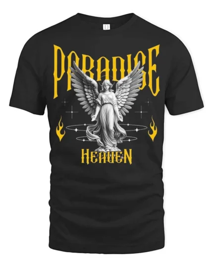 Devine Paradise Heaven Angelic Winged Sculpture Graphic Tee - black t-shirt on white background