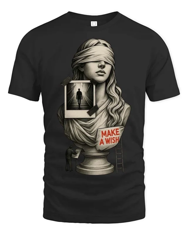 Thoughtful Blindfolded Statue Bust Photo Collage Graphic Tee - black t-shirt on white background