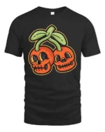 Eccentric Groovy Skull Cherry Halloween Novelty Graphic Tee - black t-shirt on white background