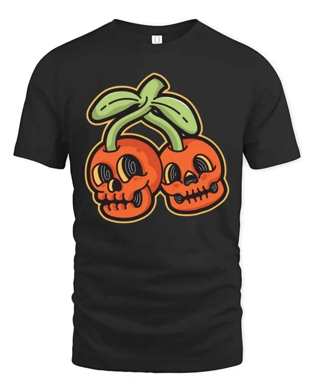 Eccentric Groovy Skull Cherry Halloween Novelty Graphic Tee - black t-shirt on white background