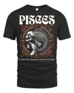 Striking Pisces Skeletal Fish Retro Typography Graphic Tee - black t-shirt on white background