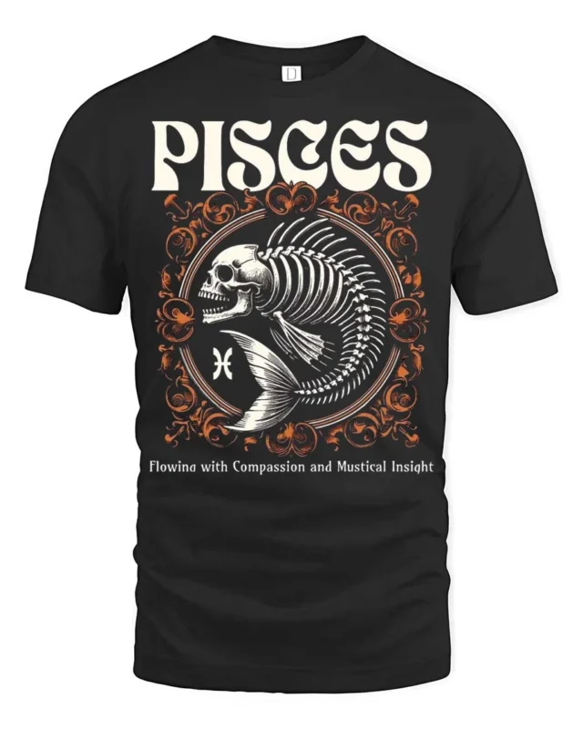 Striking Pisces Skeletal Fish Retro Typography Graphic Tee - black t-shirt on white background