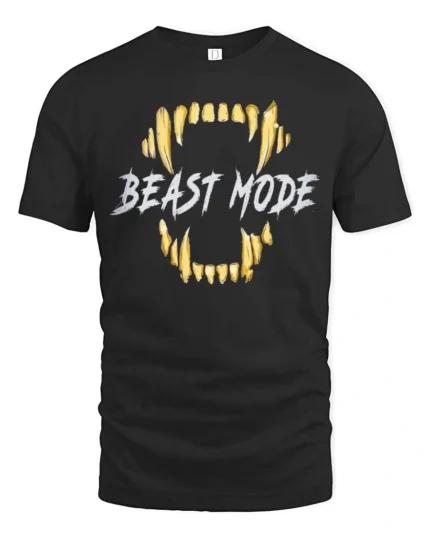 Powerful Beast Mode Golden Teeth Monster Graphic Tshirt - black t-shirt on white background