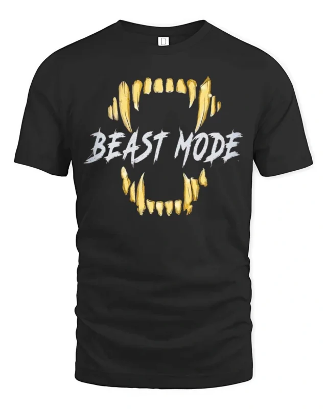 Powerful Beast Mode Golden Teeth Monster Graphic Tshirt - black t-shirt on white background
