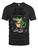 Cool Crocodile Wearing Sneakers Stay Weird Graphic Tee - black t-shirt on white background