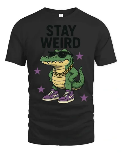Cool Crocodile Wearing Sneakers Stay Weird Graphic Tee - black t-shirt on white background