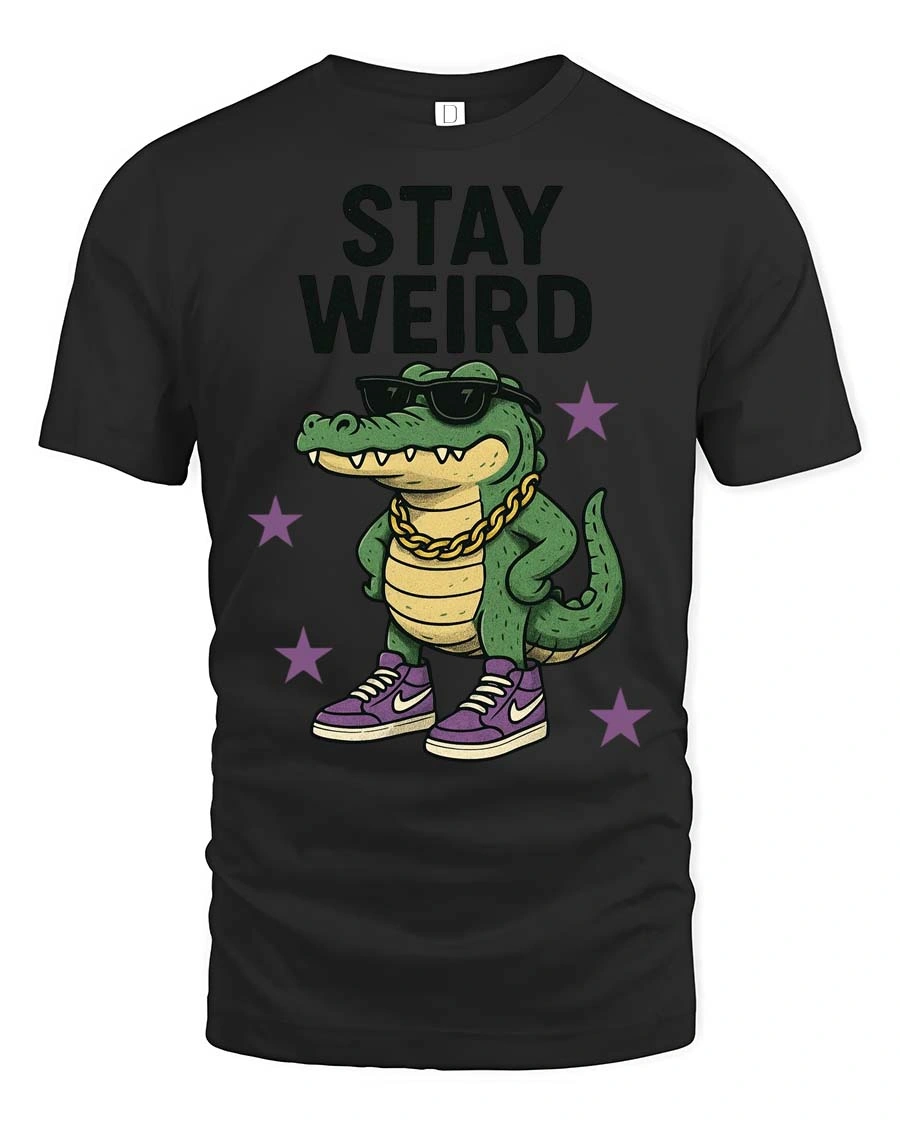 Cool Crocodile Wearing Sneakers Stay Weird Graphic Tee - 1 Cool Crocodile Wearing Sneakers Stay Weird Graphic Tee - black t-shirt on white background