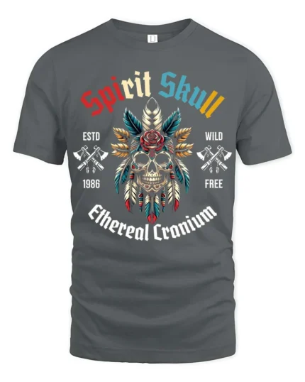 Festive Spirit Skull Native Feather Headdress Tshirt - gray t-shirt on white background