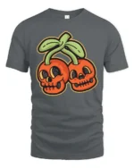 Eccentric Groovy Skull Cherry Halloween Novelty Graphic Tee - gray t-shirt on white background