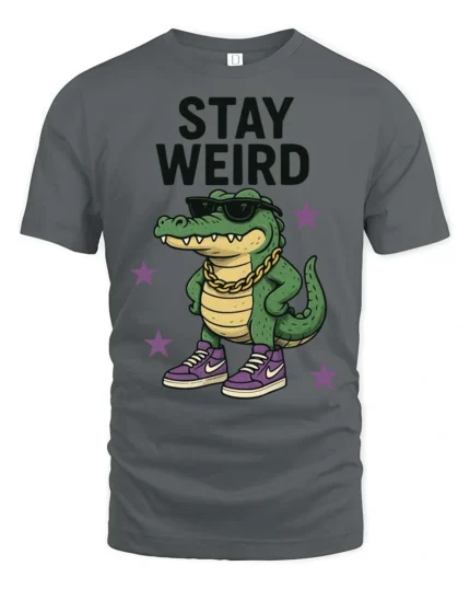 Cool Crocodile Wearing Sneakers Stay Weird Graphic Tee - gray t-shirt on white background