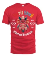 Festive Spirit Skull Native Feather Headdress Tshirt - red t-shirt on white background