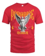 Devine Paradise Heaven Angelic Winged Sculpture Graphic Tee - red t-shirt on white background