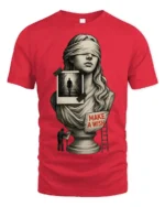 Thoughtful Blindfolded Statue Bust Photo Collage Graphic Tee - red t-shirt on white background