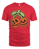 Eccentric Groovy Skull Cherry Halloween Novelty Graphic Tee - red t-shirt on white background